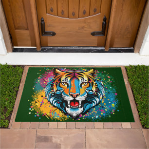 Tiger Head Rainbow colors paint stains Doormat