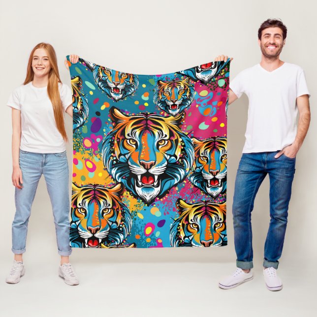 Tiger Head Rainbow colors paint stains Fleece Blanket (In Situ)