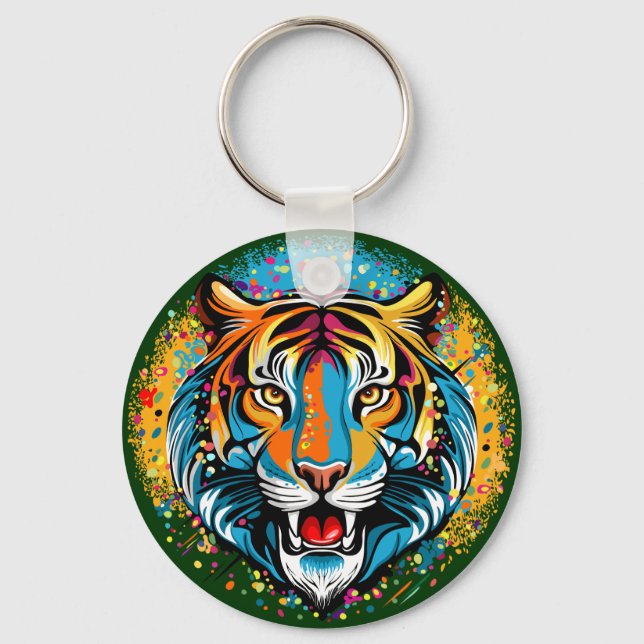 Tiger Head Rainbow colors paint stains Keychain (Front)