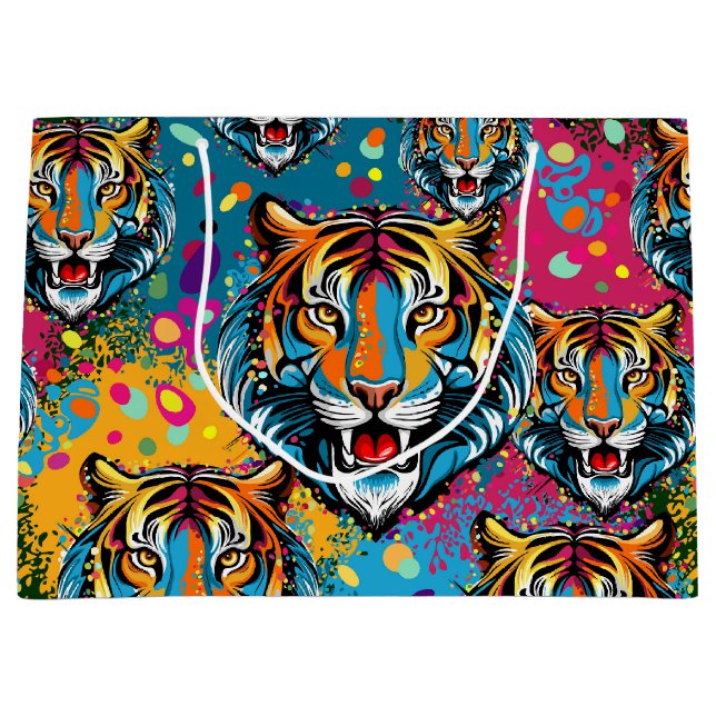 Tiger Head Rainbow colors paint stains Large Gift Bag (Front)