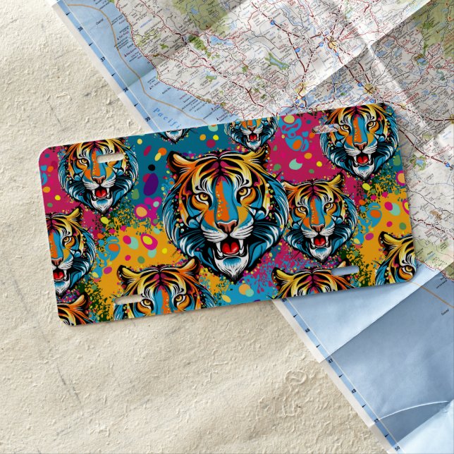 Tiger Head Rainbow colors paint stains License Plate (In Situ)