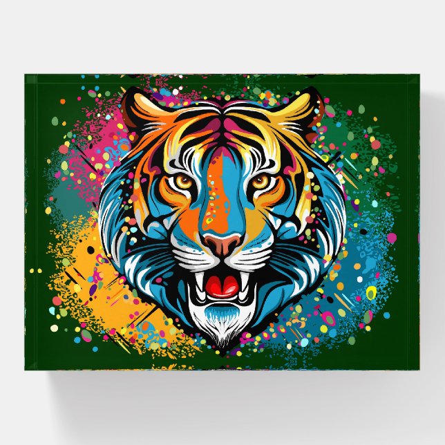 Tiger Head Rainbow colors paint stains Paperweight (Front)