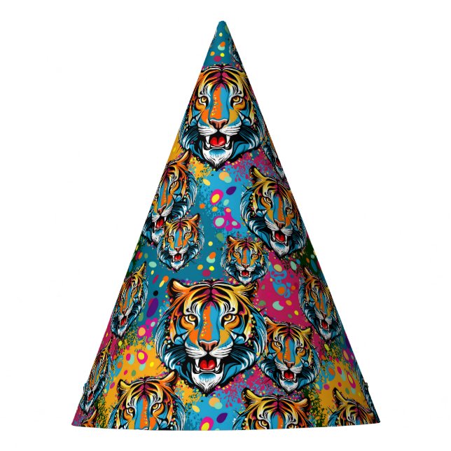 Tiger Head Rainbow colors paint stains Party Hat (Front)