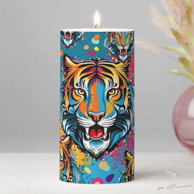 Tiger Head Rainbow colors paint stains Pillar Candle (In Situ)