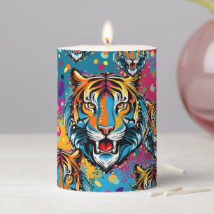 Tiger Head Rainbow colors paint stains Pillar Candle