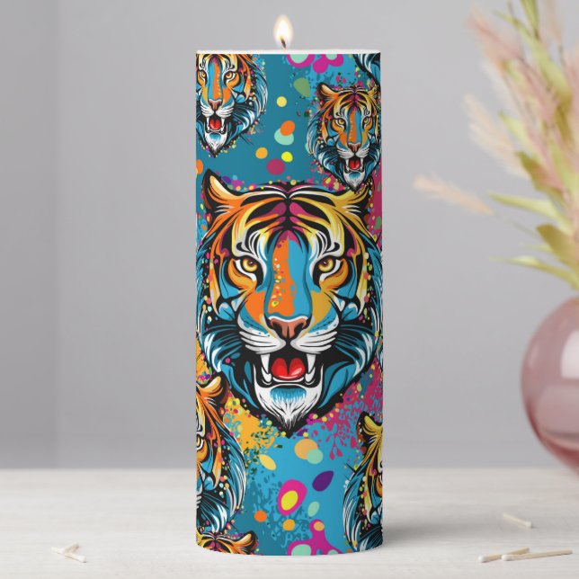 Tiger Head Rainbow colors paint stains Pillar Candle (In Situ)
