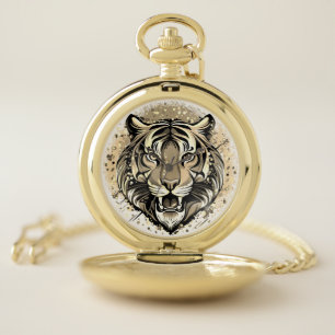 Tiger Head Rainbow colors paint stains Pocket Watch