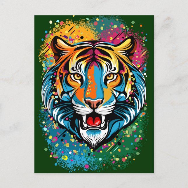 Tiger Head Rainbow colors paint stains Postcard (Front)