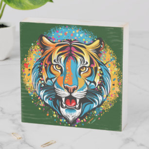 Tiger Head Rainbow colors paint stains Pouf Wooden Box Sign