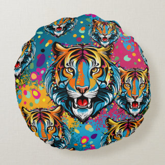 Tiger Head Rainbow colors paint stains Round Pillow
