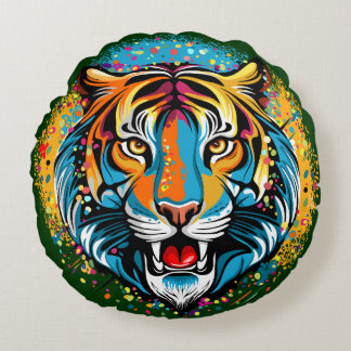 Tiger Head Rainbow colors paint stains Round Pillow