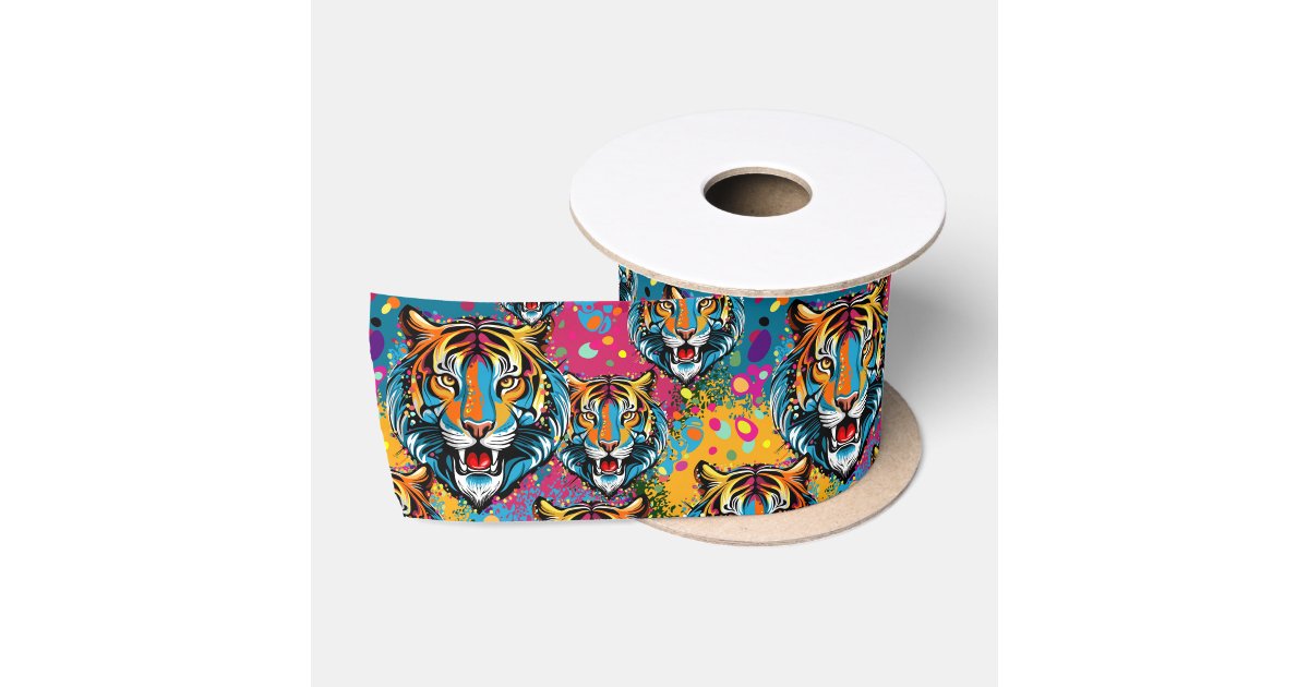 Tiger Head Rainbow colors paint stains Satin Ribbon | Zazzle