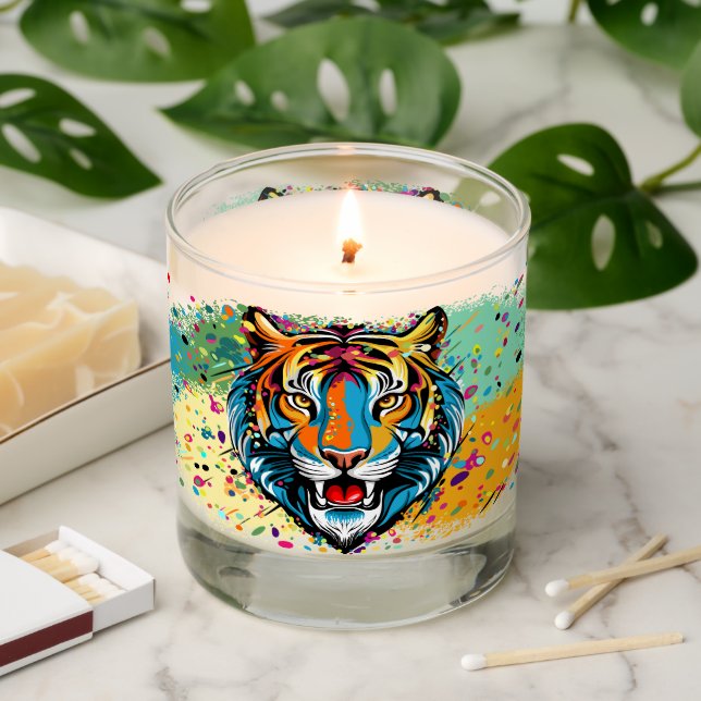 Tiger Head Rainbow colors paint stains Scented Candle (Lit)