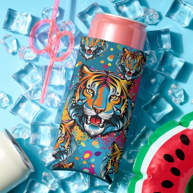 Tiger Head Rainbow colors paint stains Seltzer Can Cooler (In Situ Summer)