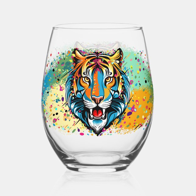 Tiger Head Rainbow colors paint stains Stemless Wine Glass (Front)