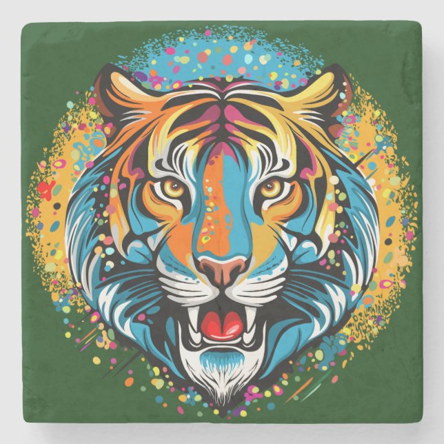 Tiger Head Rainbow colors paint stains Stone Coaster (Front)