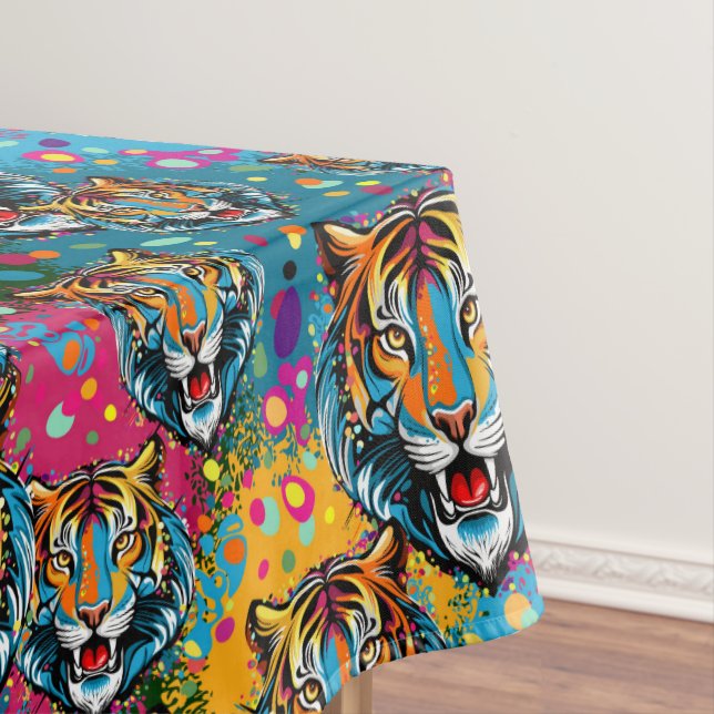 Tiger Head Rainbow colors paint stains Tablecloth (In Situ)