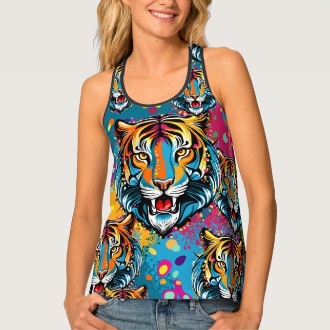 Tiger Head Rainbow colors paint stains Tank Top (Front)