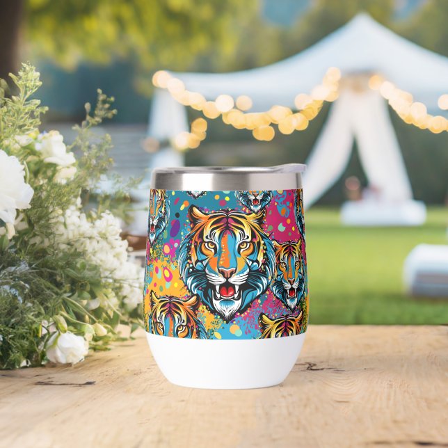 Tiger Head Rainbow colors paint stains Thermal Wine Tumbler (Wedding)