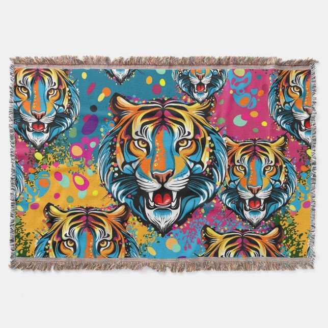 Tiger Head Rainbow colors paint stains Throw Blanket (Front)