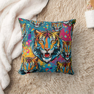 Tiger Head Rainbow colors paint stains Throw Pillow