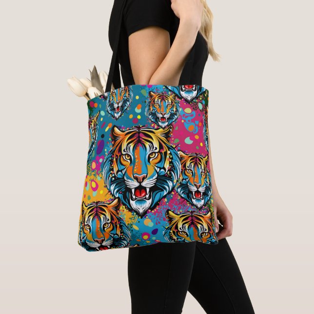 Tiger Head Rainbow colors paint stains Tote Bag (Close Up)