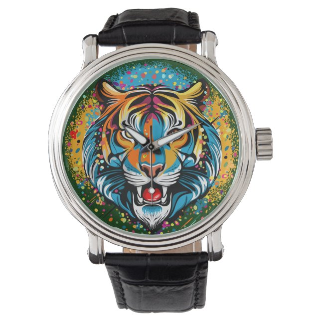 Tiger Head Rainbow colors paint stains Watch (Front)