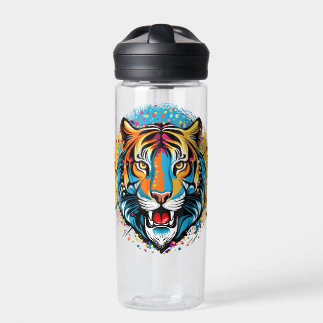 Tiger Head Rainbow colors paint stains Water Bottle (Front)