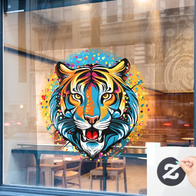 Tiger Head Rainbow colors paint stains Window Cling (Cafe Window)