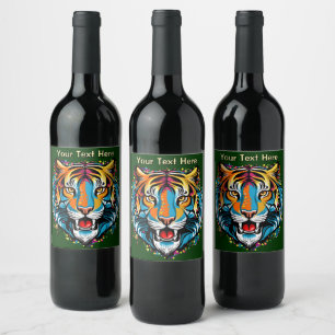 Tiger Head Rainbow colors paint stains Wine Label