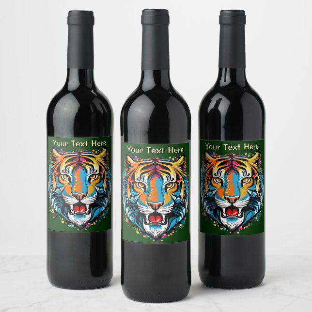 Tiger Head Rainbow colors paint stains Wine Label (Bottles)