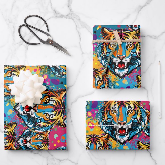 Tiger Head Rainbow colors paint stains Wrapping Paper Sheets (Front)