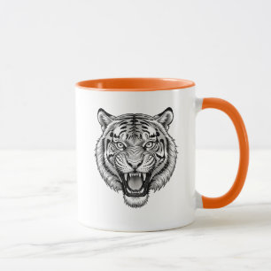 Tiger head roaring in black and white. mug