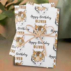 Tiger Head Watercolor Animal Happy Birthday Wrapping Paper Sheets