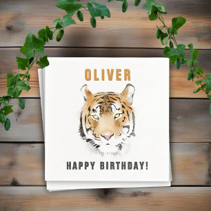 Tiger Head Watercolor Birthday Name Napkins