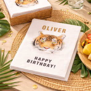 Tiger Head Watercolor Birthday Name Paper Guest Towels