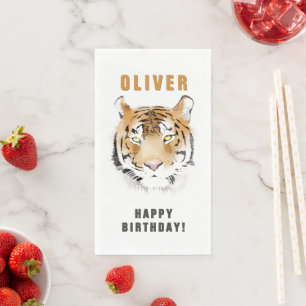 Tiger Head Watercolor Birthday Name Paper Guest Towels