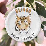 Tiger Head Watercolor Birthday Name Paper Plates