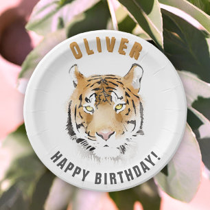 Tiger Head Watercolor Birthday Name Paper Plates