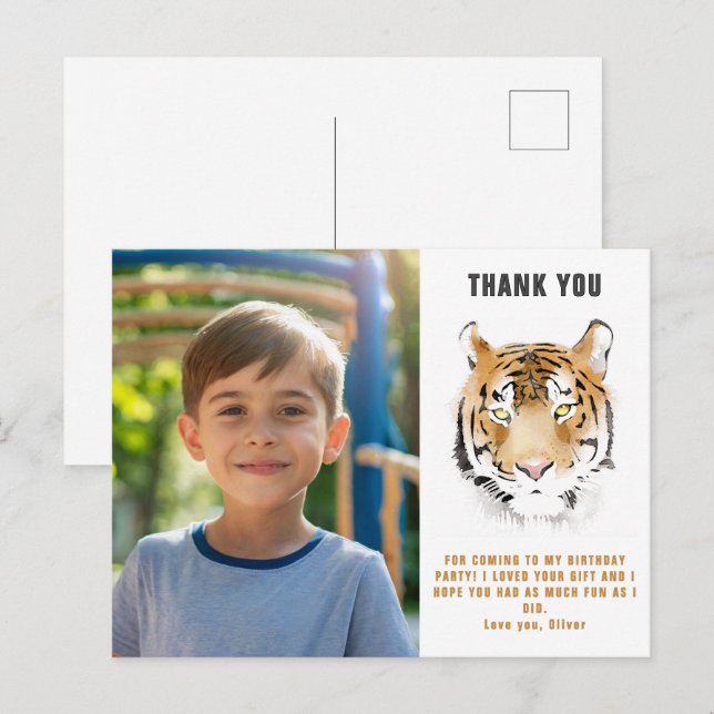 Tiger Head Watercolor Birthday Photo Thank you Postcard (Front/Back)