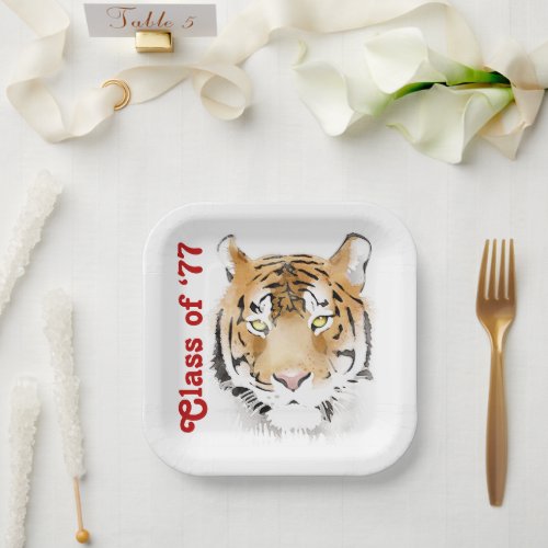 Tiger Head Watercolor Class Reunion Party Paper Plates