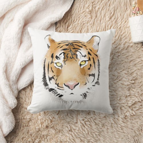 Tiger Head Watercolor Drawing Wild Cat Throw Pillow