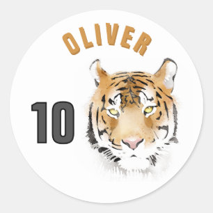 Tiger Head Watercolor Name Birthday Classic Round Sticker