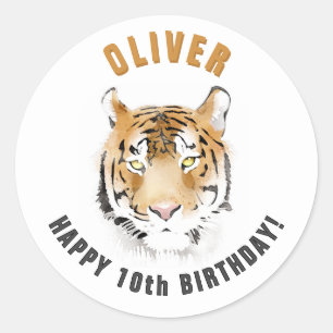 Tiger Head Watercolor Name Birthday Classic Round Sticker
