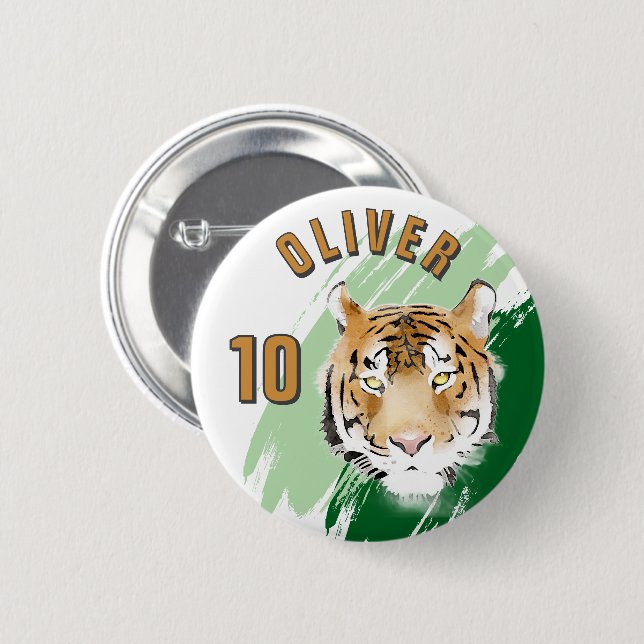 Tiger Head Watercolor Name Birthday Party Button (Front & Back)