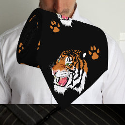 Tiger Head With Paw Prints On Black Necktie