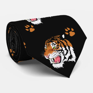 Tiger Head With Paw Prints On Black Necktie