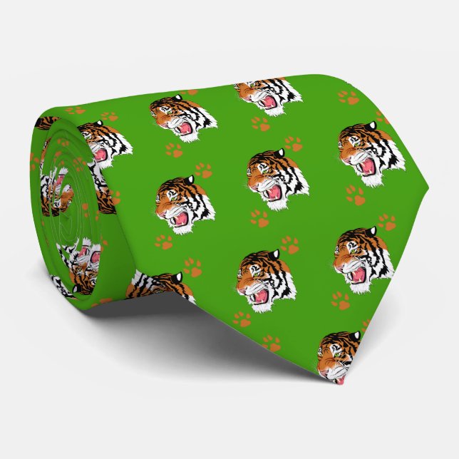 Tiger Head With Paw Prints On Green Necktie (Rolled)