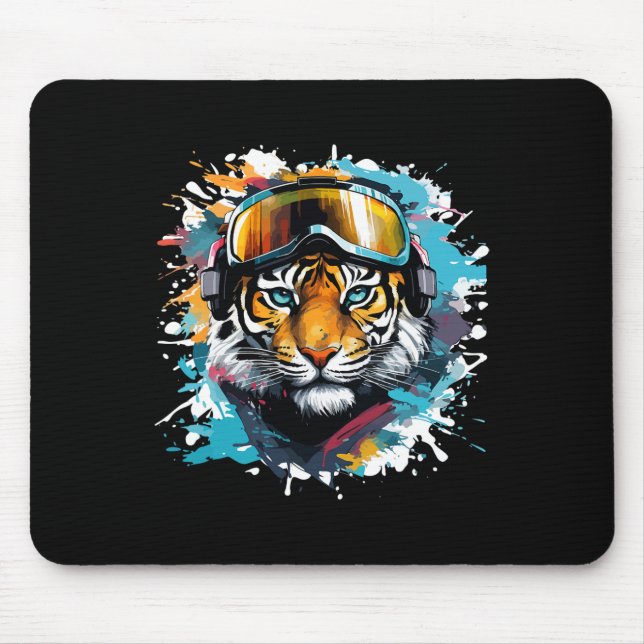 Tiger Head With Ski Goggles Skiing Snowboarding  Mouse Pad (Front)