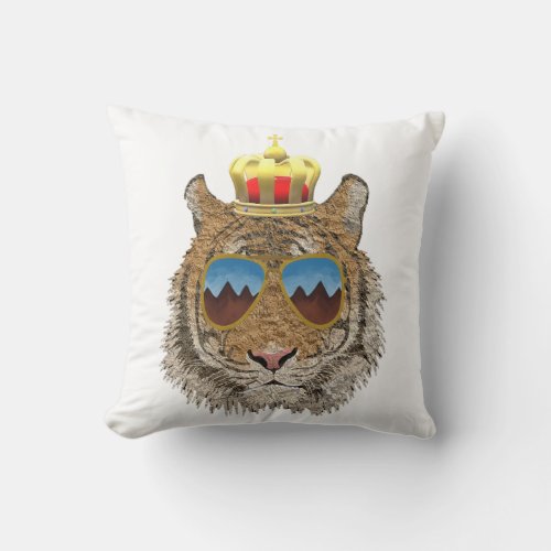 tiger head with sunglasses and crown throw pillow